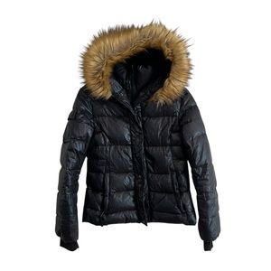 SAM Black Puffer Jacket with Fur Trim Hood